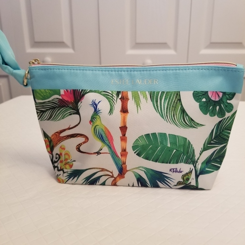Estee Lauder Tropical Print Cosmetic Bag - Blue and Green